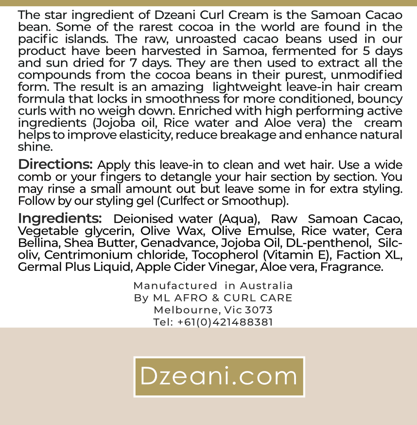 An amazing lightweight leave-in hair cream formula that locks in smoothness for more conditioned, bouncy curls with no weigh down. Dzeani