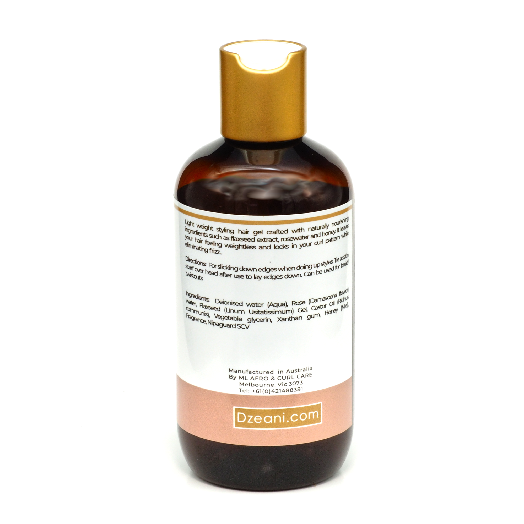 Light weight styling hair gel crafted with naturally nourishing ingredients such as flaxseed extract, rosewater and honey. - Dzeani -