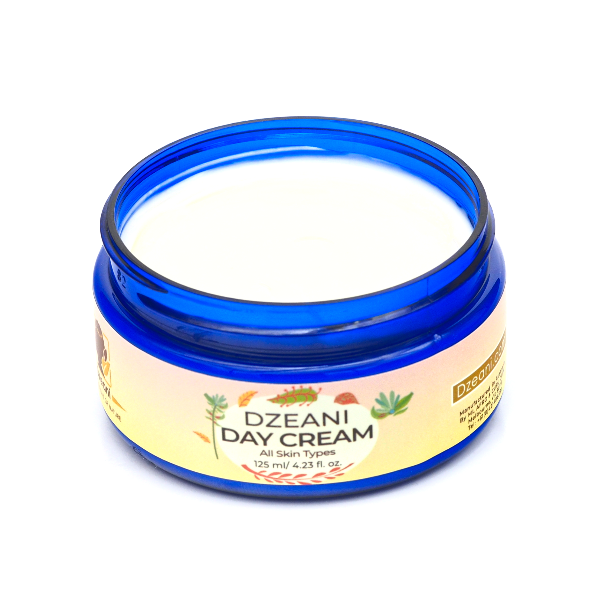 Dzeani Day Cream combines Vitamins C, B3, and E with botanical butters and oils to nourish and soften the skin.