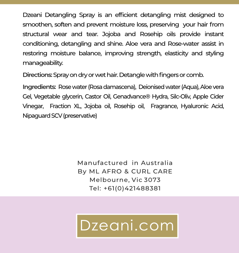 Dzeani Detangling Spray is an efficient detangling mist designed to smoothen, soften and prevent moisture loss, preserving your hair from structural wear and tear- Dzeani-