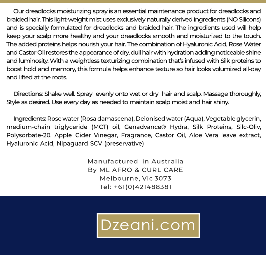 Dreadlocks Spray from Dzeani light-weight mist uses exclusively naturally derived ingredients - Dzeani -
