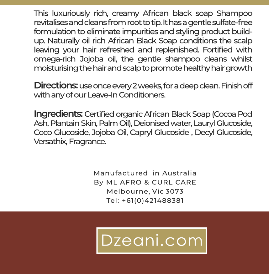 By Zeani, this luxuriously rich, creamy African black soap Shampoo revitalises and cleans from root to tip